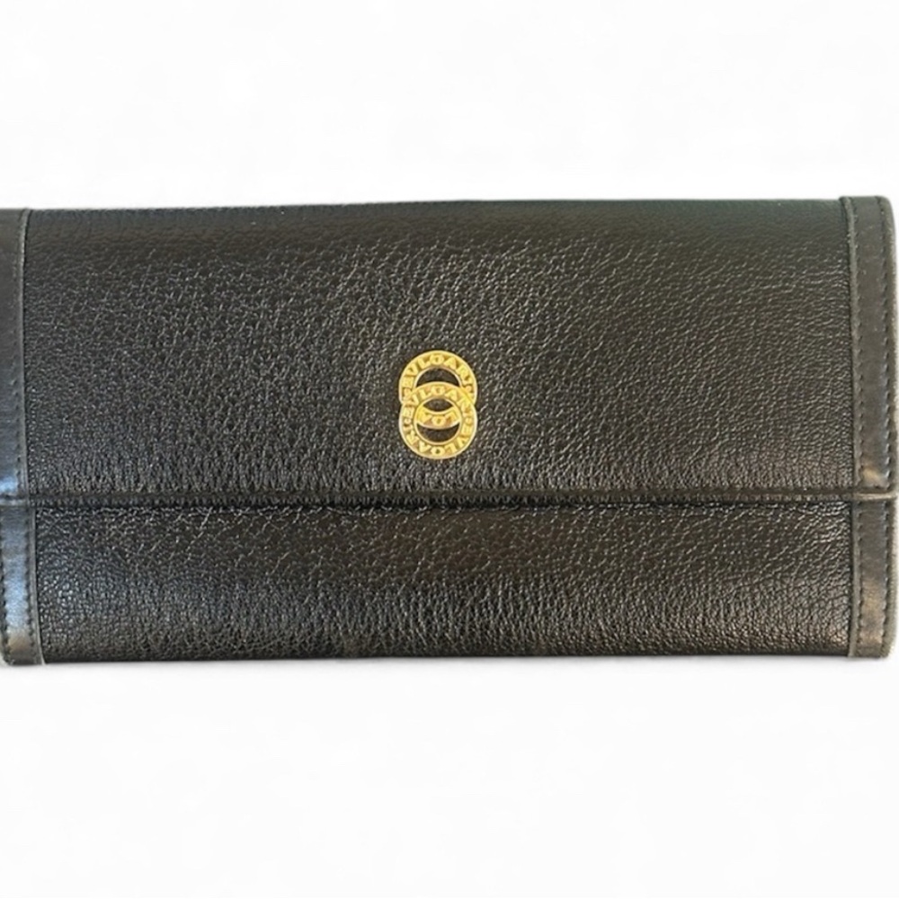 Bulgari Black Leather Wallet with Gold Accents